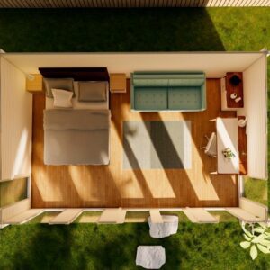 Birdseye view of portable cabin layout as a 1 bedroom studio